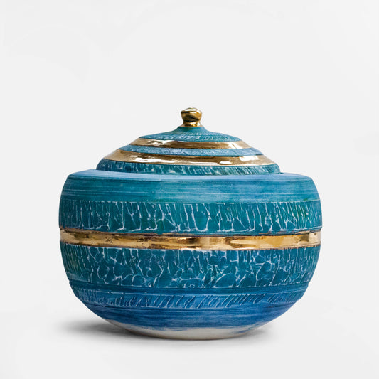 Handmade Aqua Porcelain Chattered Lidded Pot - 24 Carat Gold Banding