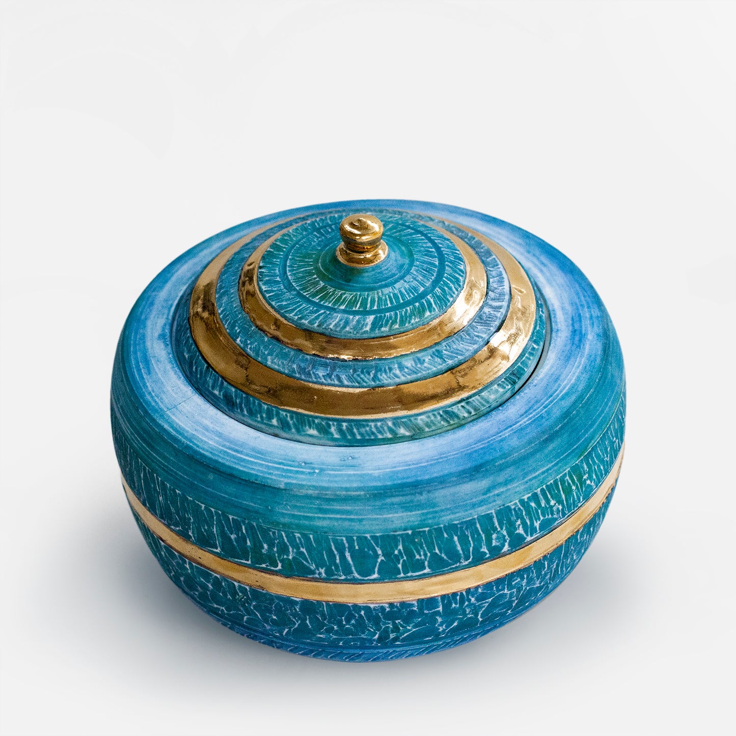 Handmade Aqua Porcelain Chattered Lidded Pot - 24 Carat Gold Banding