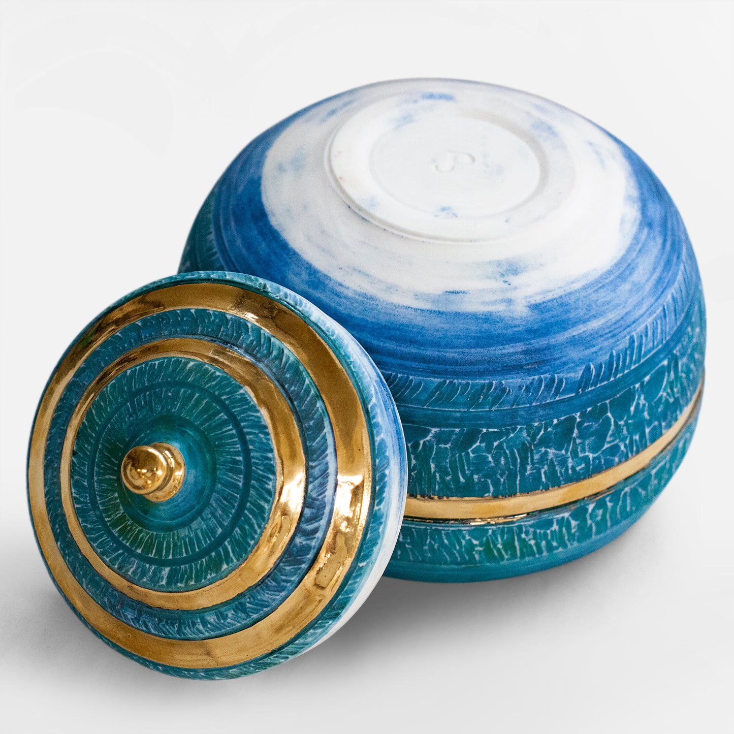 Handmade Aqua Porcelain Chattered Lidded Pot - 24 Carat Gold Banding