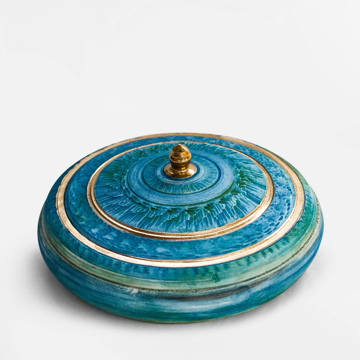 Handmade Flat Disk Chattered Lidded Pot - 24 Carat Gold Banding