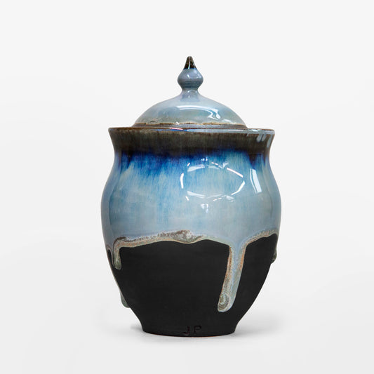 Handmade Black Porcelain Urn - Blue Gradient Drips