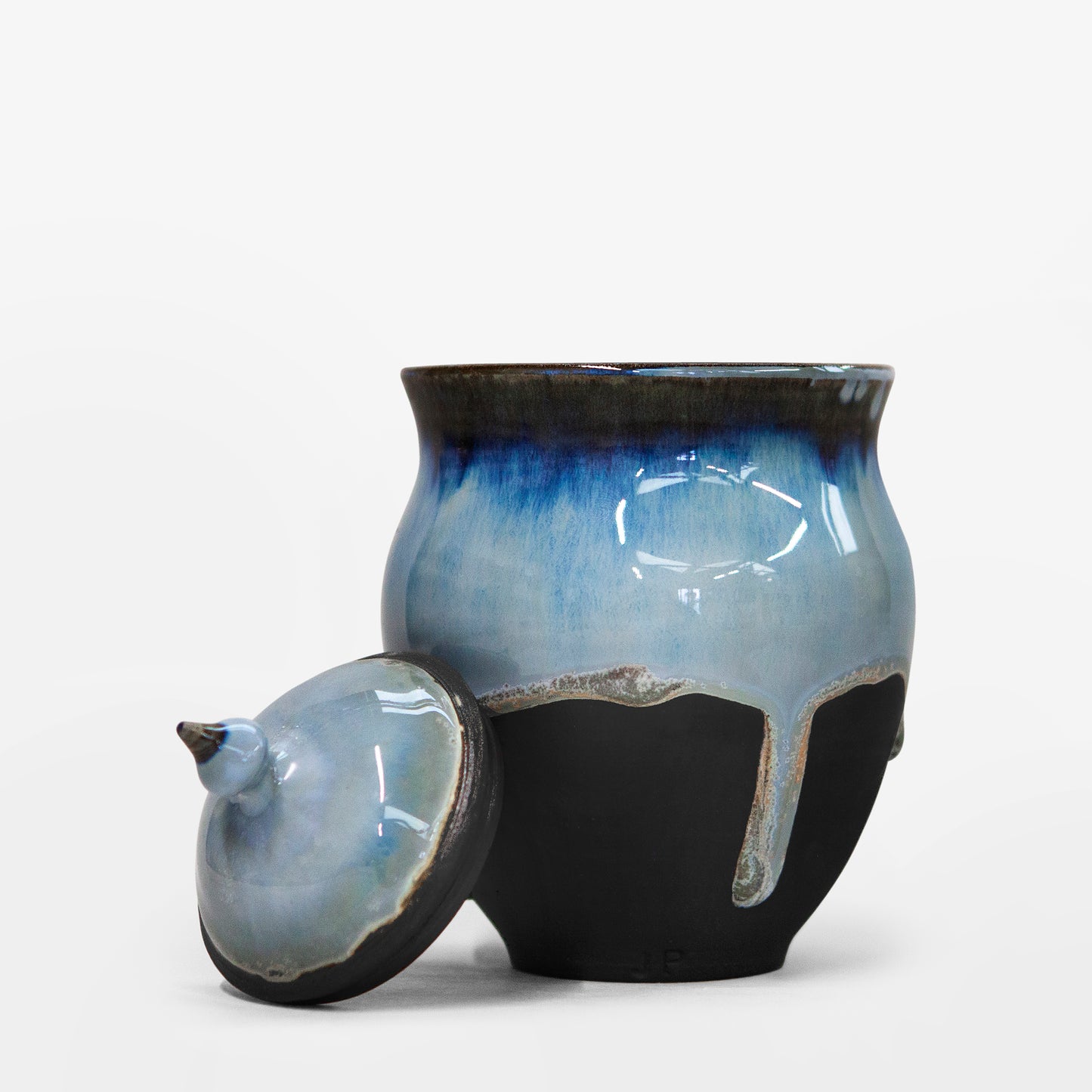 Handmade Black Porcelain Urn - Blue Gradient Drips