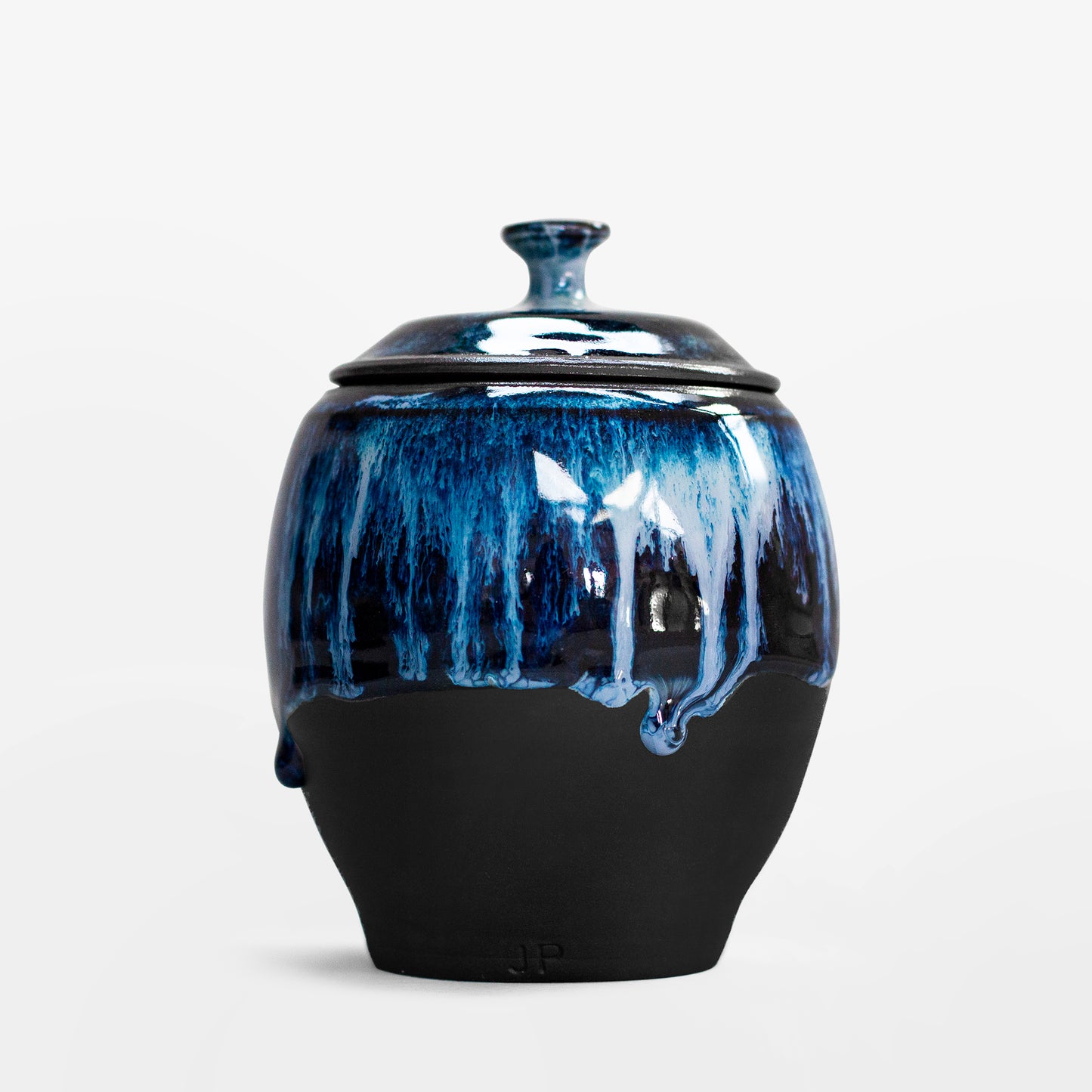 Handmade Black Porcelain Urn - Blue Streaks On Black Gloss