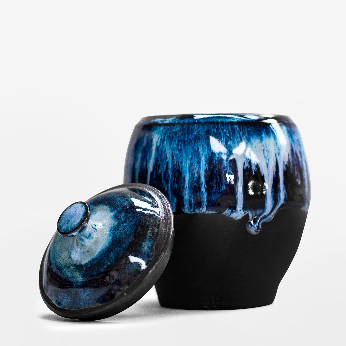 Handmade Black Porcelain Urn - Blue Streaks On Black Gloss