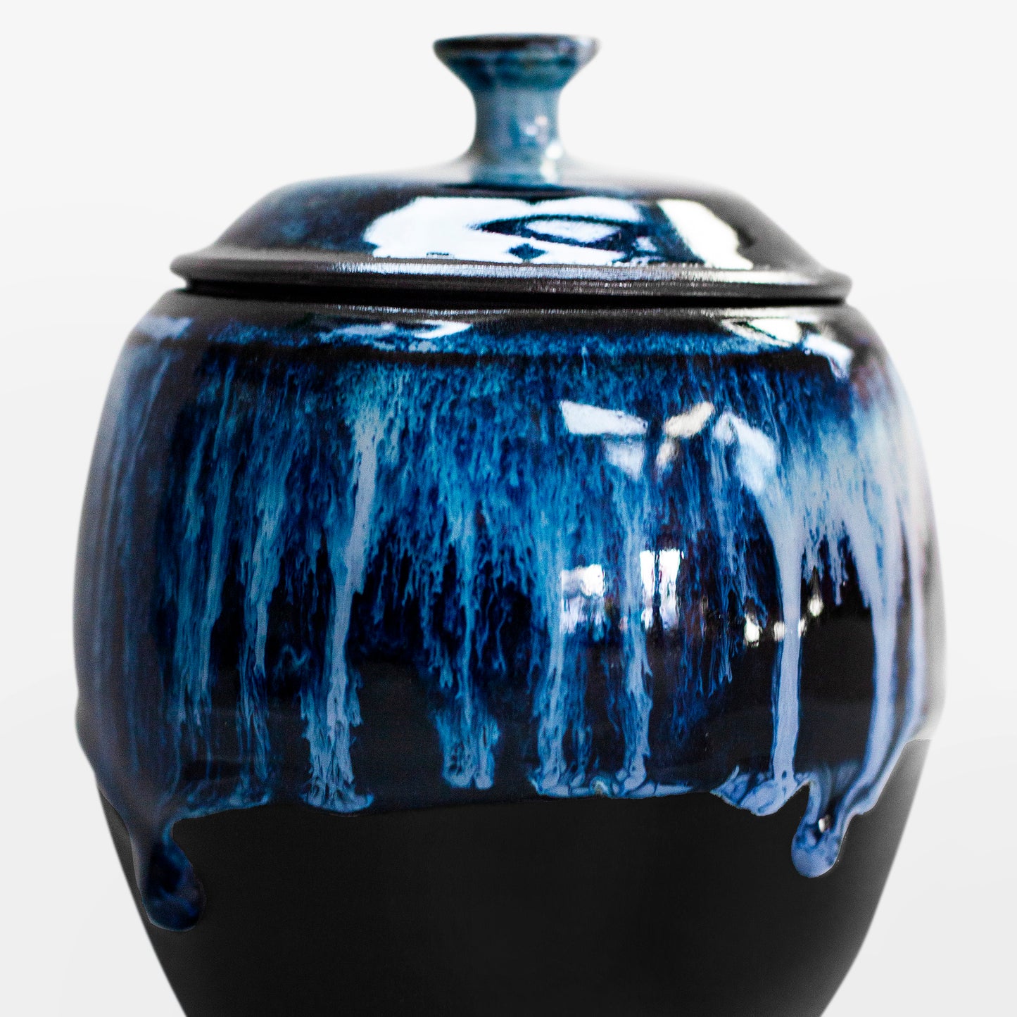 Handmade Black Porcelain Urn - Blue Streaks On Black Gloss