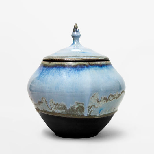 Handmade Black Porcelain Wide Urn - Blue Gradient Drips